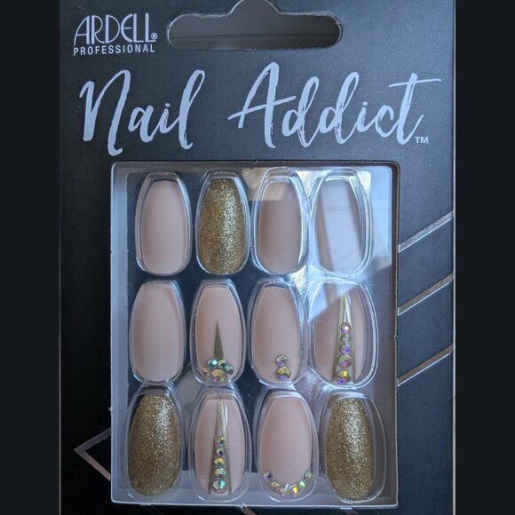 Ardell Nail Addict Premium Press-On Nails – Nude & Gold Glitter with Rhinestones - Picture 2 of 4